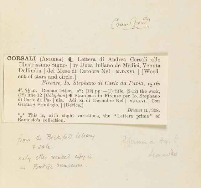 Lettera di Andrea Corsali allo Illustrissimo Signore Duco Iuliano de Medici Venuta Dellindia del Mese di Octobre Nel M.D.XVI