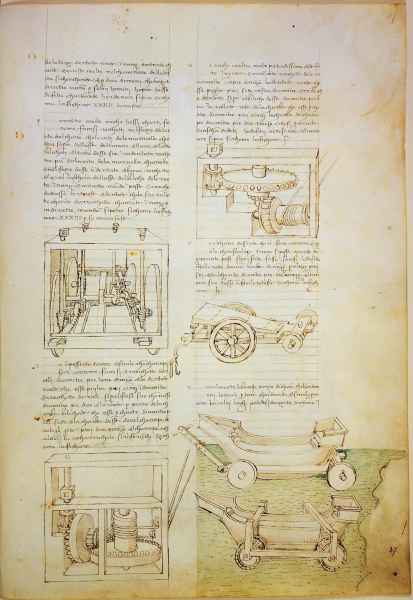 Carro semovente sterzante; argani; imbracature con ruote per trasformare le imbarcazioni in mezzi anfibi: disegni di Francesco di Giorgio Martini, Biblioteca Medicea Laurenziana, Firenze