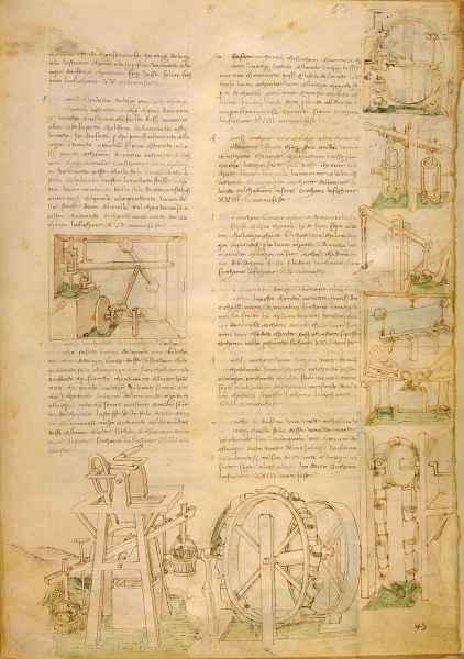 Diversi tipi di pompe con note sul loro funzionamento: disegno di Francesco di Giorgio Martini, Biblioteca Medicea Laurenziana, Firenze