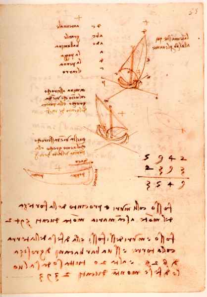Codice di Madrid II, 35r. - Barche a vela e calcoli per le fortificazioni a Piombino, c. 1504