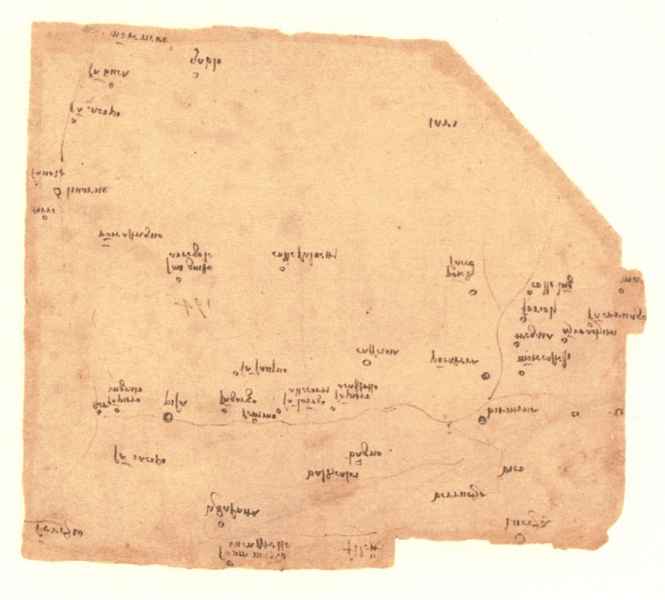 Codice Atlantico, 305r. Toponimi della Toscana marittima dal Serchio a Montenero, c. 1503