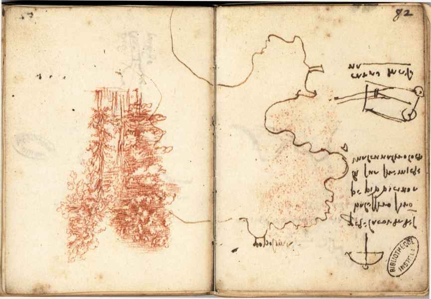 Ms. L, 82r-81v (capovolto). - Promontorio di Populonia a Piombino e alberi di betulle, c. 1502