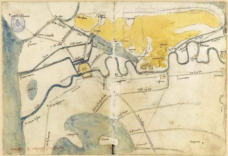 Codice di Madrid II, 52v-53r. - Carta dei dintorni di Pisa per i progetti di deviazione delle acque dell