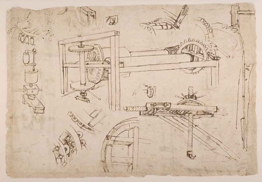 Argano ideato da Filippo Brunelleschi per il cantiere della Cupola del Duomo di Firenze in un disegno di Leonardo