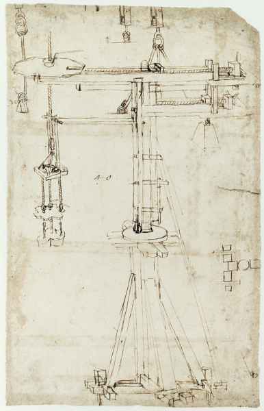 Gru girevole ideata da Filippo Brunelleschi per il cantiere della Cupola del Duomo di Firenze in un disegno di Leonardo