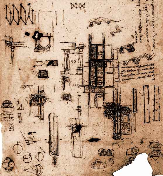 Codice Atlantico, 865 r. - Studi e schizzi progettuali di architetture medicee in Firenze: San Marco - (Palazzo di) Cosimo - (San) Giovannino, c. 1515