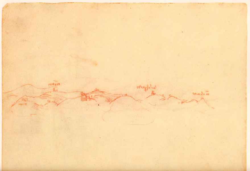 Codice di Madrid II, 17v. - Colli fiorentini con Monteoliveto, Bellosguardo e Montici, c. 1503-1504