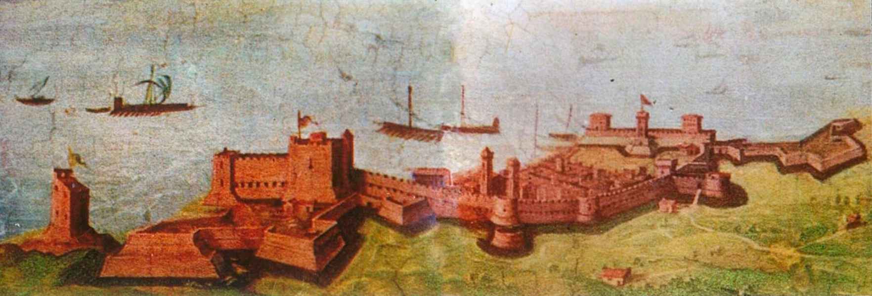 View of the city of Piombino. Giovanni Stradano, ca. 1570, mural painting in the room of Cosimo I, Palazzo Vecchio, Florence. In a central position the tower designed by Leonardo
