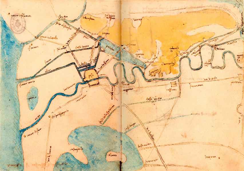 Madrid Ms. II, 52v-53r. - Map of surroundings of Pisa for the projects for deviating the water of the Arno, c. 1503