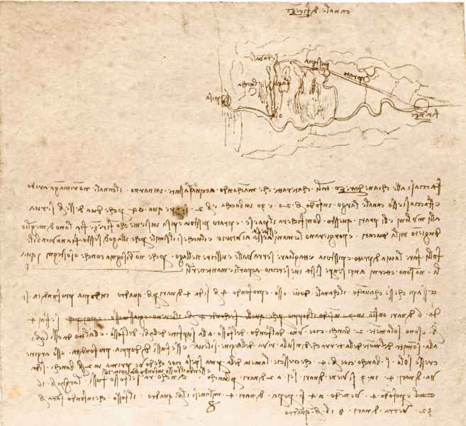 Codex Atlanticus, 127r. - "Florence Canal" with a diagram of the route Florence – Prato – Pistoia – Serravalle – Lake (of Fucecchio) – Pisa