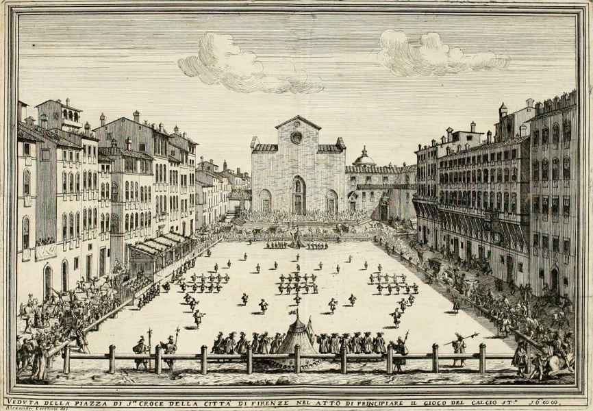 Print with a view of Piazza Santa Croce with the initial parade of the historic football game, Florence