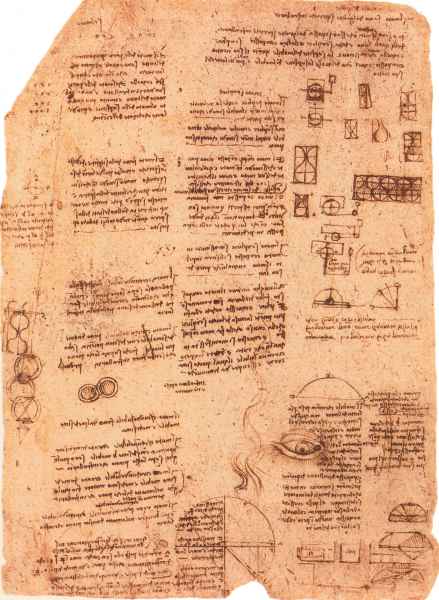 Codex Atlanticus, 864r. - An eye resembling that of the Mona Lisa and a study for the Medicean quarter in Florence: "balls (Palazzo Medici), (San) Giovannino", c. 1515.