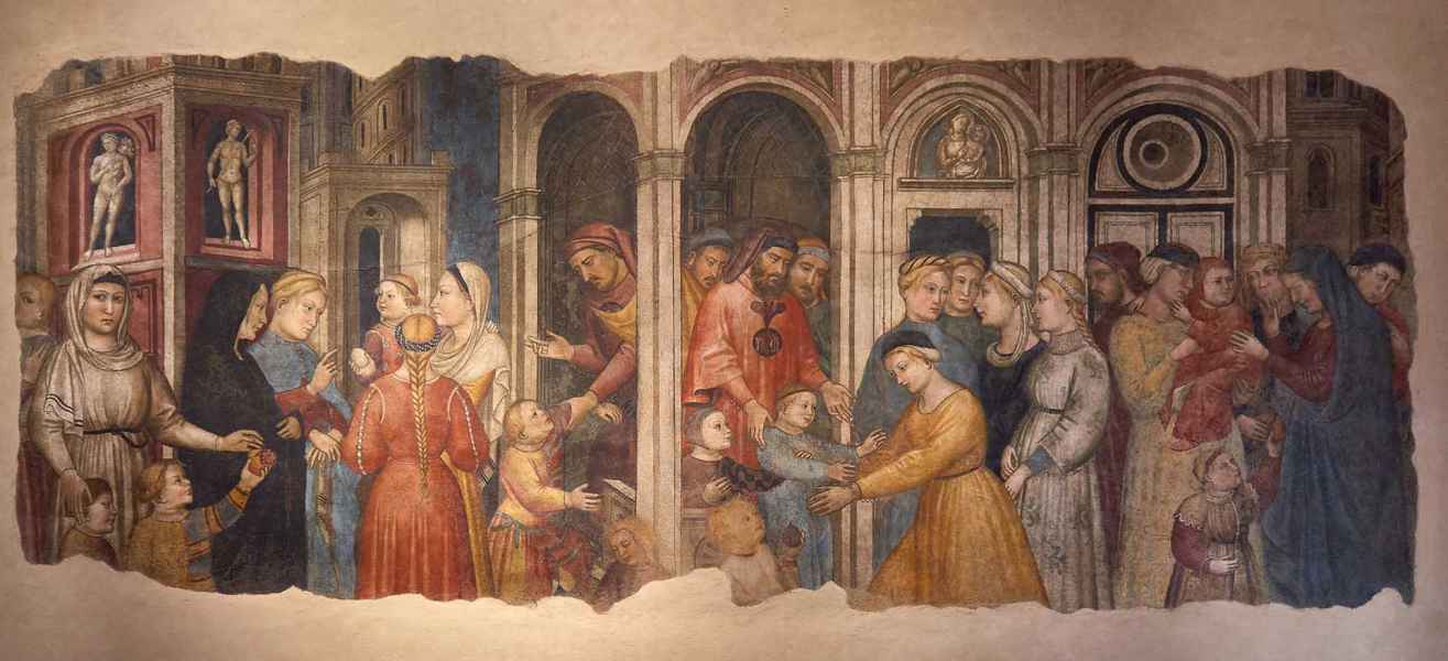 Fresco by Niccolò di Pietro Gerini and Antonio di Baldese, The bigallo brothers entrust the orphans to the adoptive mothers
