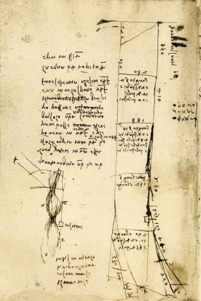 Codex Arundel, 273v. - Measurements of the bridges in Florence and notes on the "wall of the Casacce", Porta San Niccolò and Borgo Ognissanti, c. 1504