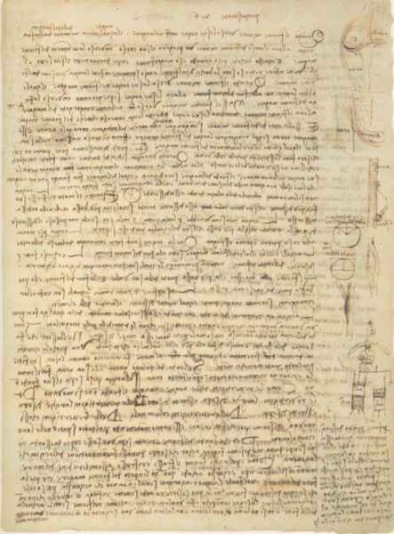 Codex Leicester, 15r. - Page with twenty-seven studies and five drawings in the margin on the confluences of lesser watercourses with the Arno River