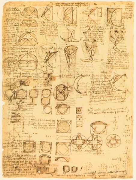 Codex Atlanticus, 225r. - Among falcate figures and arithmetical operations, Leonardo mentions Alessandro Amadori, 