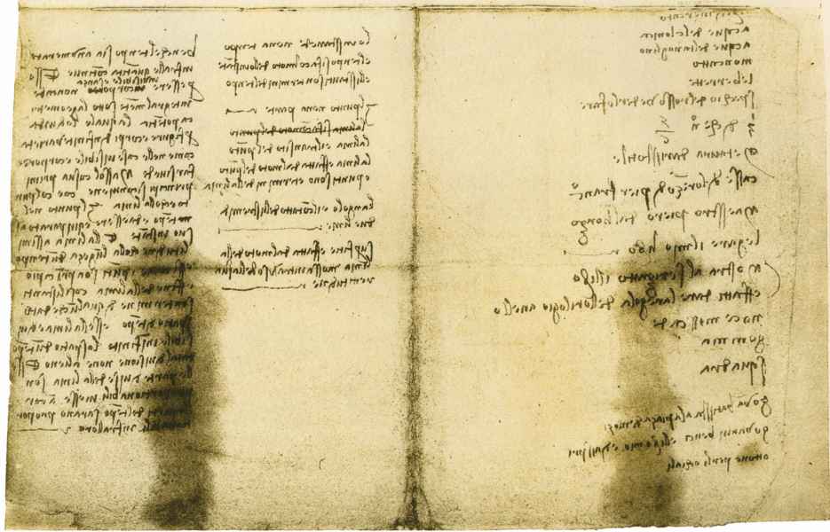 Codex Arundel, 190v. - List of objects, places, scientific sources and persons including Giovanni Benci