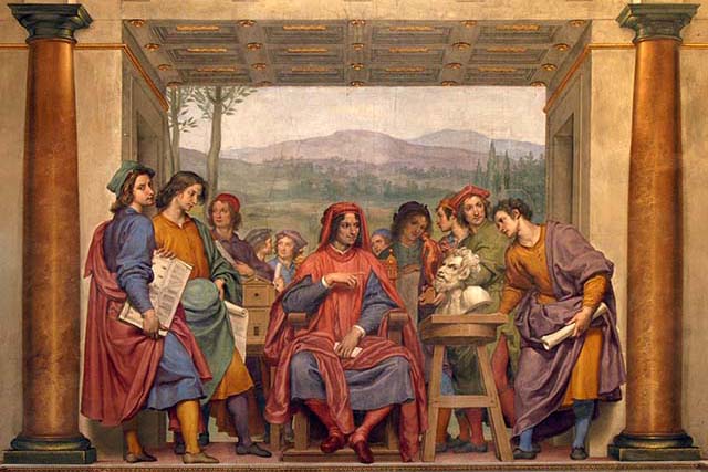 Lorenzo de' Medici surrounded by artists, fresco in the Room of Giovanni da San Giovanni, 1635, fresco, Galleria Palatina, Florence
